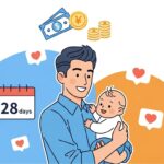 赤ちゃんを抱く父親と28日間の育児休業を示すカレンダー、助成金のイラスト