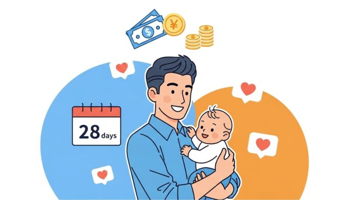 赤ちゃんを抱く父親と28日間の育児休業を示すカレンダー、助成金のイラスト
