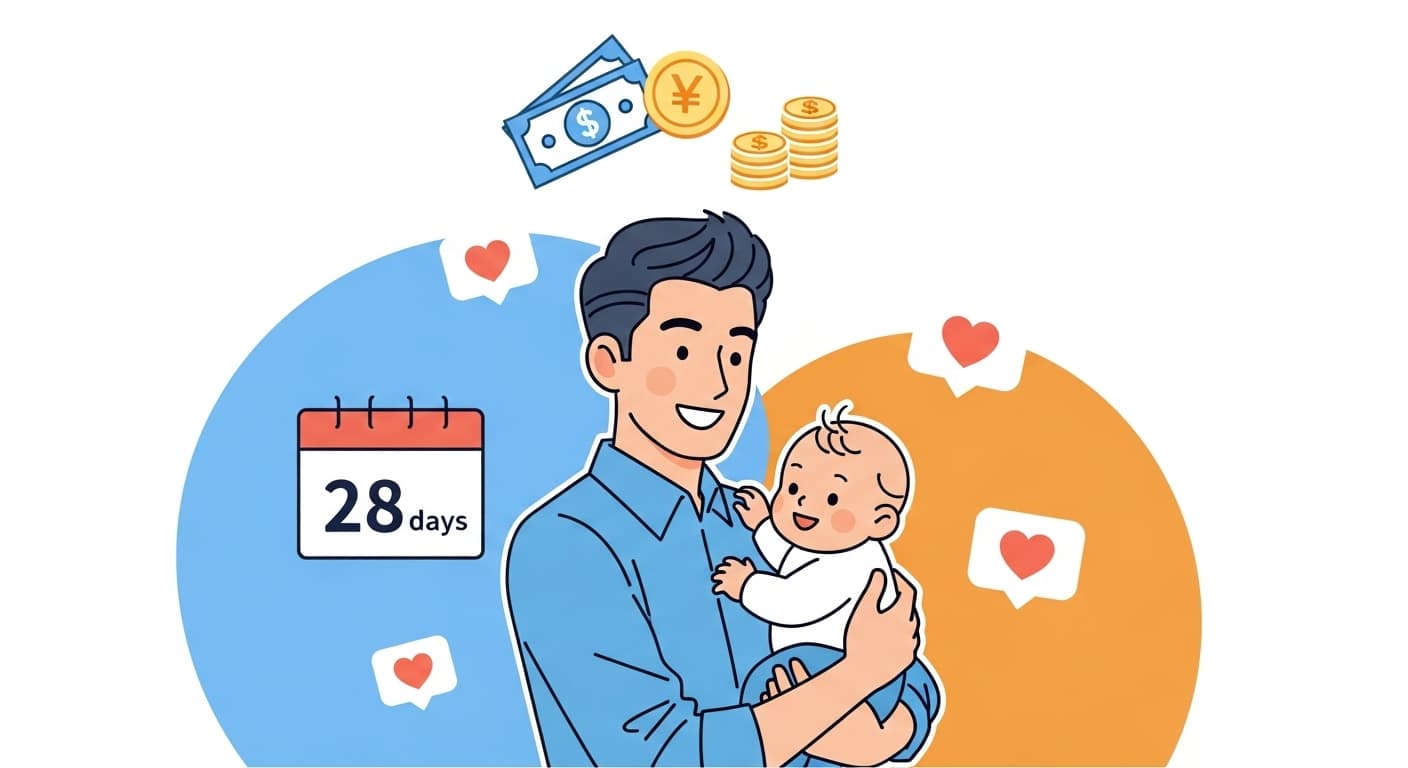 赤ちゃんを抱く父親と28日間の育児休業を示すカレンダー、助成金のイラスト